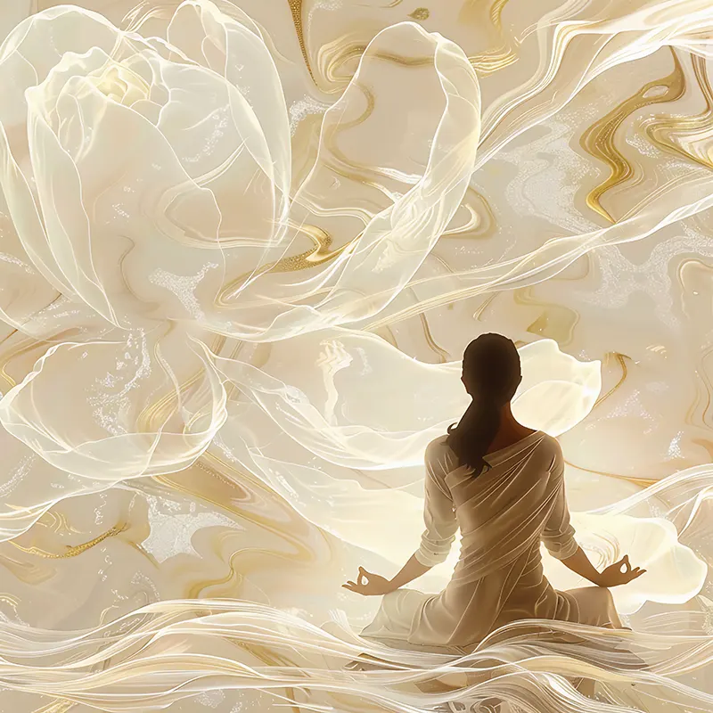 Kobieta w medytacji podczas sesji Soul Body Fusion, otoczona świetlistą energią i duchowym światłem w eterycznej, złoto-białej przestrzeni