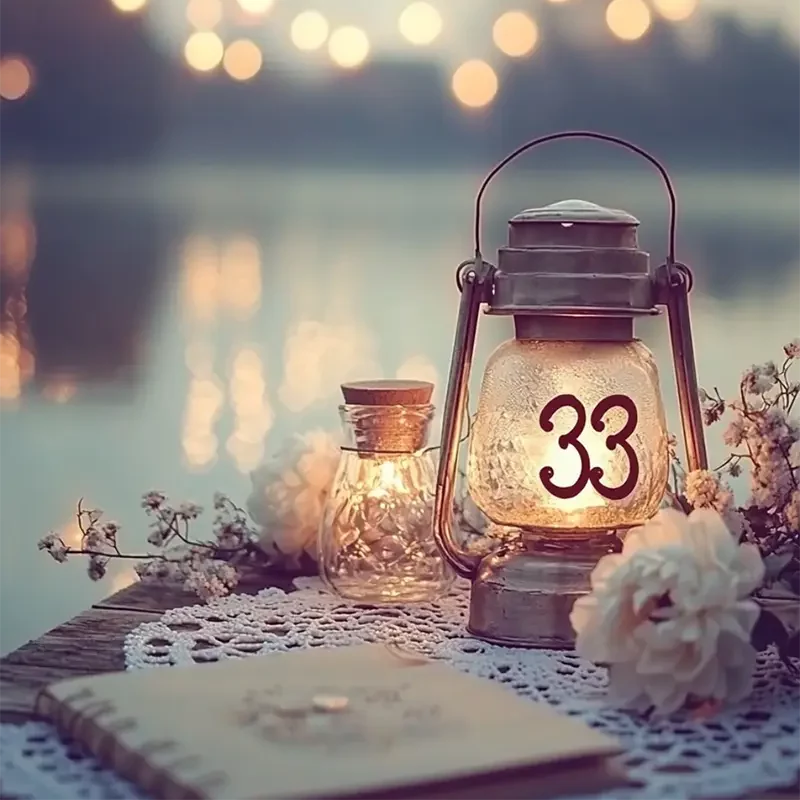 Kalendarz numerologiczny z liczbą 33 obok lampionu i świecącego słoiczka w magicznej scenerii.