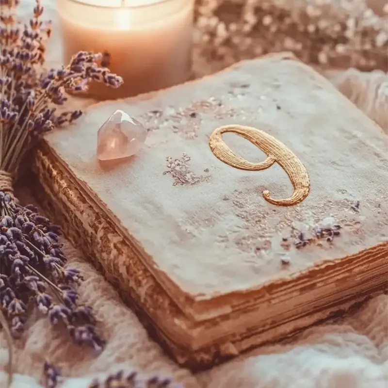 Kalendarz numerologiczny z liczbą 9 ozdobiony kryształem i lawendą, obok zapalonej świecy.