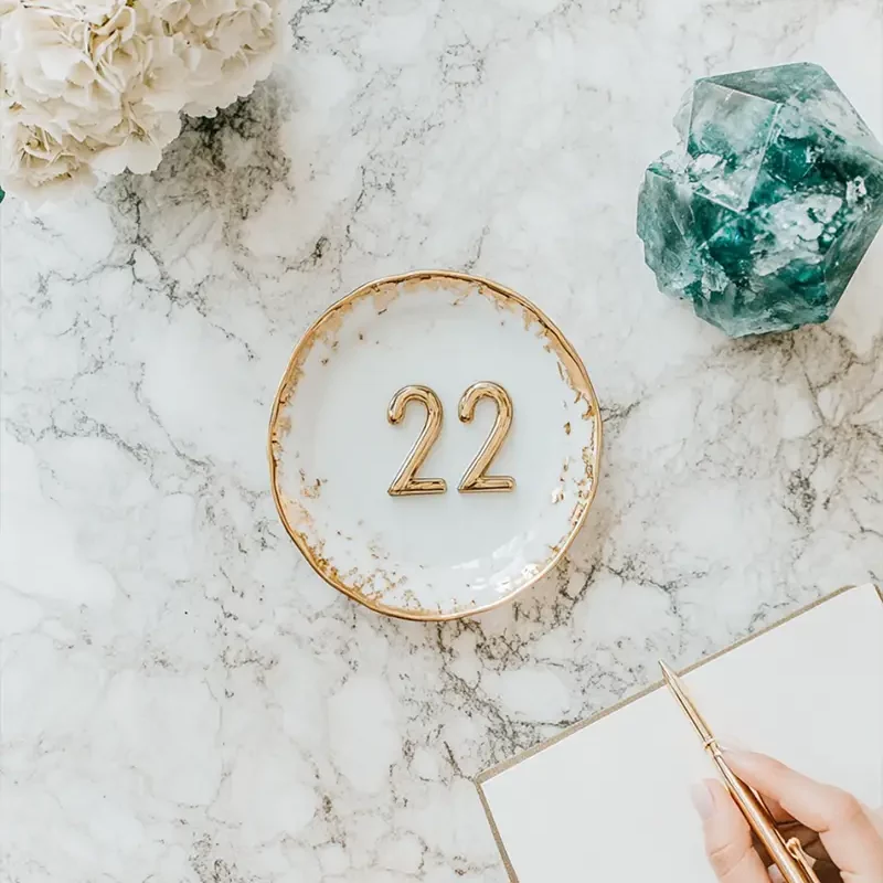 Elegancki talerzyk z pozłacaną krawędzią i złotym liczbą numerologiczną 22 na marmurowym blacie, obok zielonego kryształu, bukietu białych kwiatów i osoby piszącej w notesie.