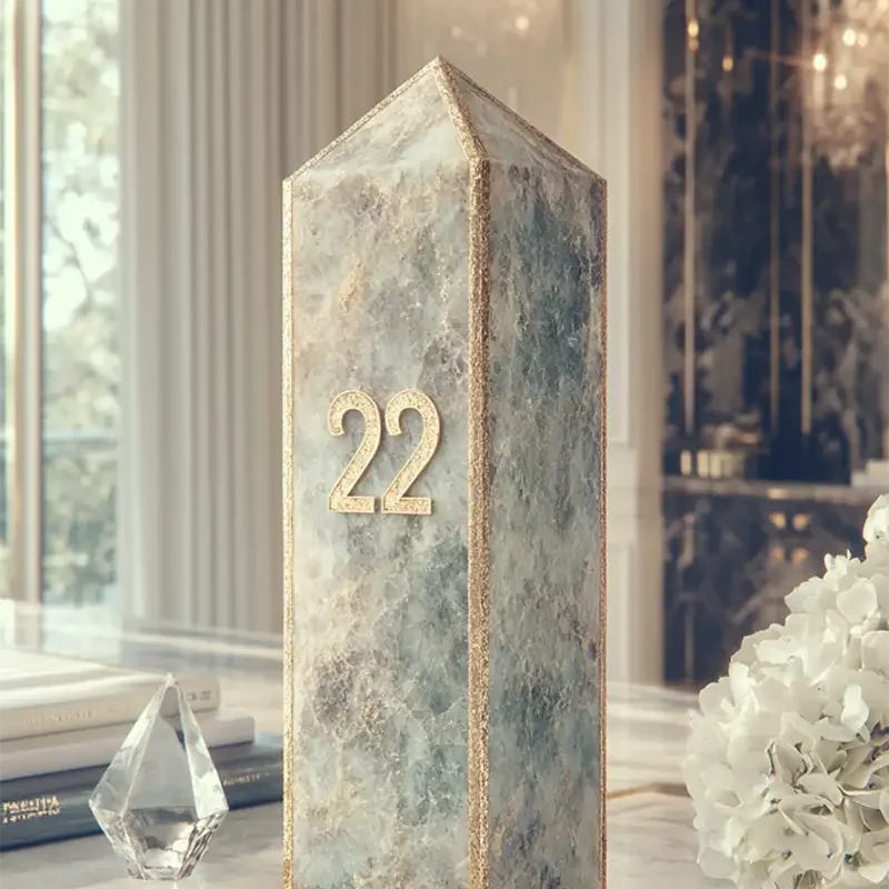 Wysoki kryształowy obelisk w odcieniach niebiesko-szarych z pozłacanymi krawędziami i złotą numerologiczną liczbą 22, stojący na marmurowym blacie obok białych kwiatów i szklanej bryły.