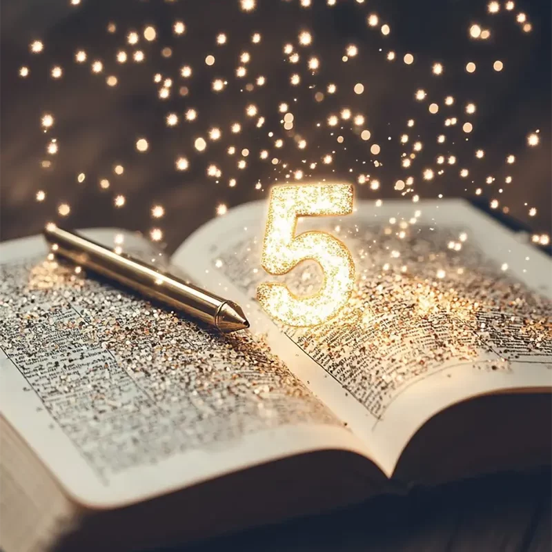 Otwarty kalendarz numerologiczny z liczbą 5 ozdobioną złotymi iskrami i długopisem na stronach.