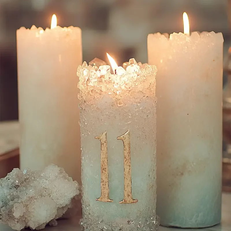 Trzy zapalone świece w odcieniach bieli i błękitu, z których środkowa ozdobiona jest kryształkami i złotą liczbą numerologiczną 11, obok leży biały kryształ.
