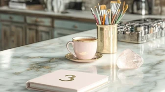 Kalendarz numerologiczny z liczbą 3 na marmurowym stole obok filiżanki kawy, pędzli i różowego kwarcu.