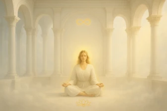 Kobieta siedzi po turecku w duchowej świątyni światła podczas praktyki Soul Body Fusion, otoczona symbolami nieskończoności i harmonii